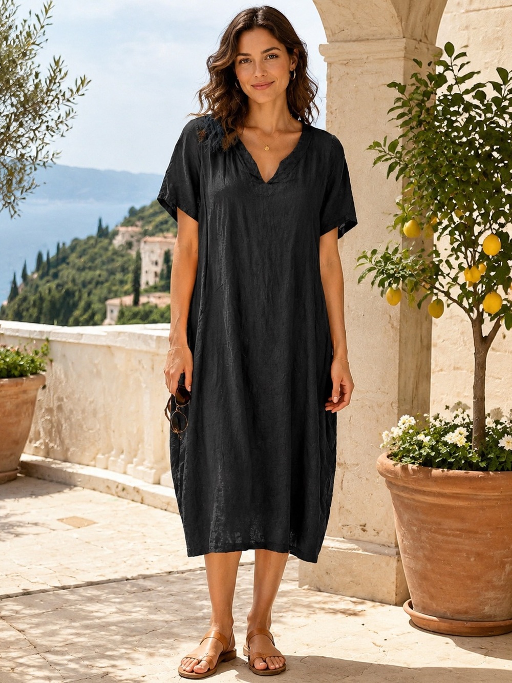 SAGA Made in Italy 100% Linen Relaxed V-Neck Black Midi Dress